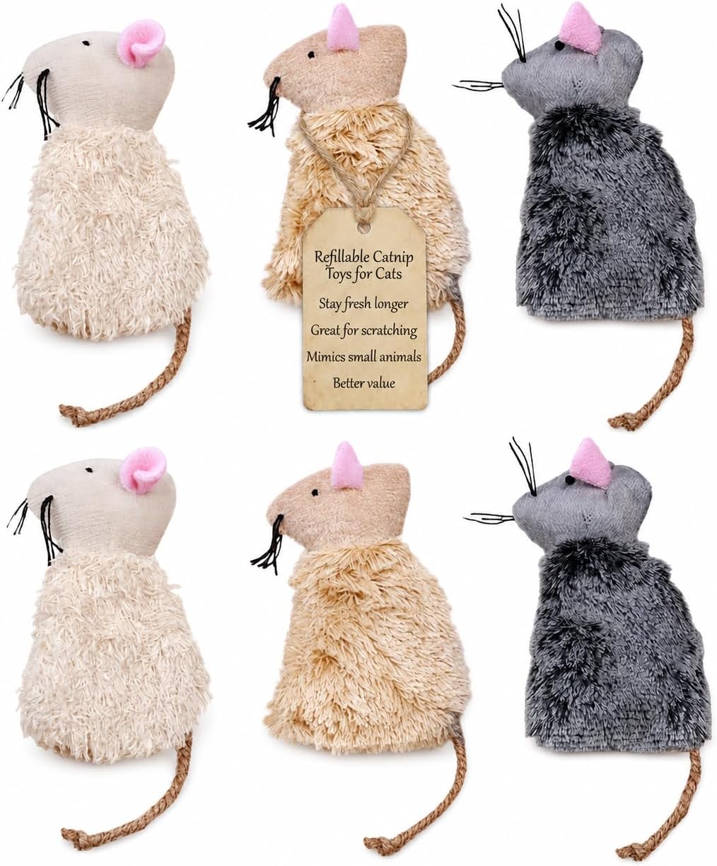 Ipetboom Refillable Catnip Toys for Cats - 3 Pack Interactive Cat Chew Toys for Indoor with Natural Long Fur and Jute Ta