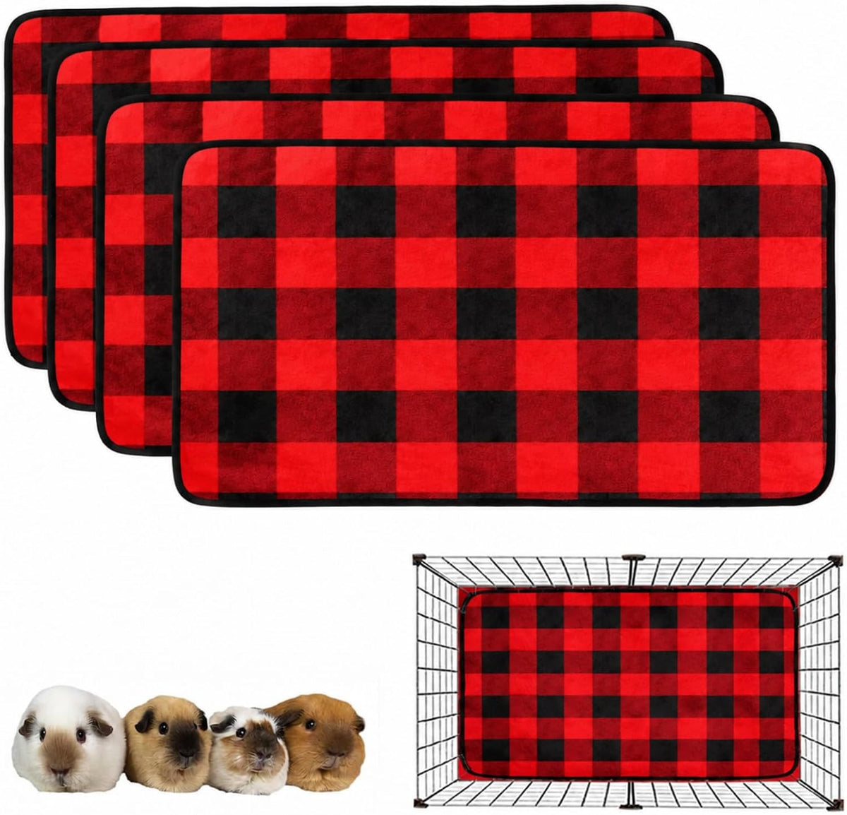 Reginary 4 Pcs Guinea Pig Fleece Cage Liners, Plaid, 24 x 47 Inch