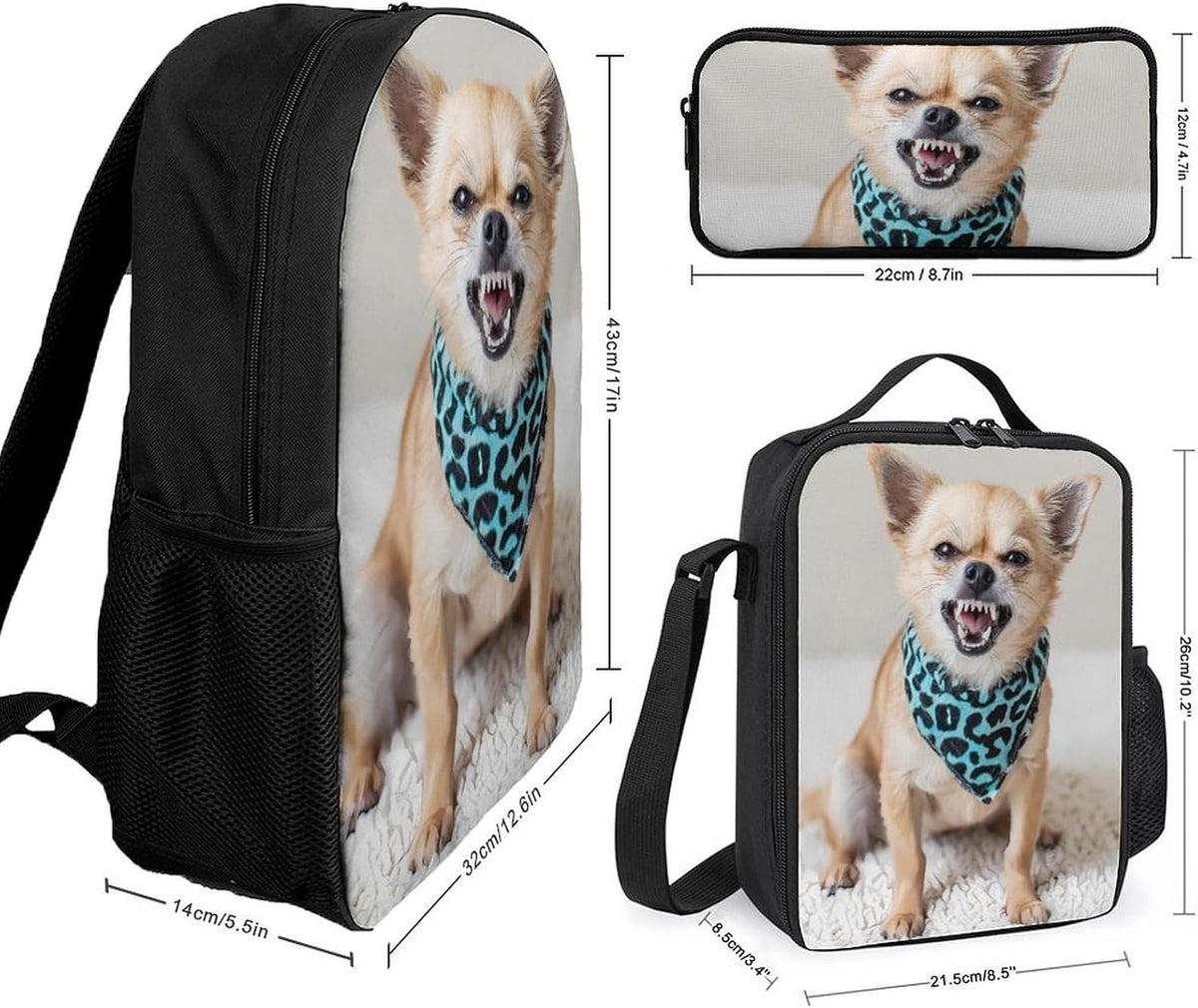 Angry Chihuahua Dog Travel Backpack Lunch Bag Set