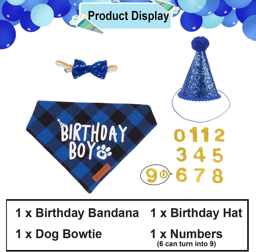 Dog Birthday Hat Bandana Set, Blue Plaid Boy Dog Bandana, X-Large