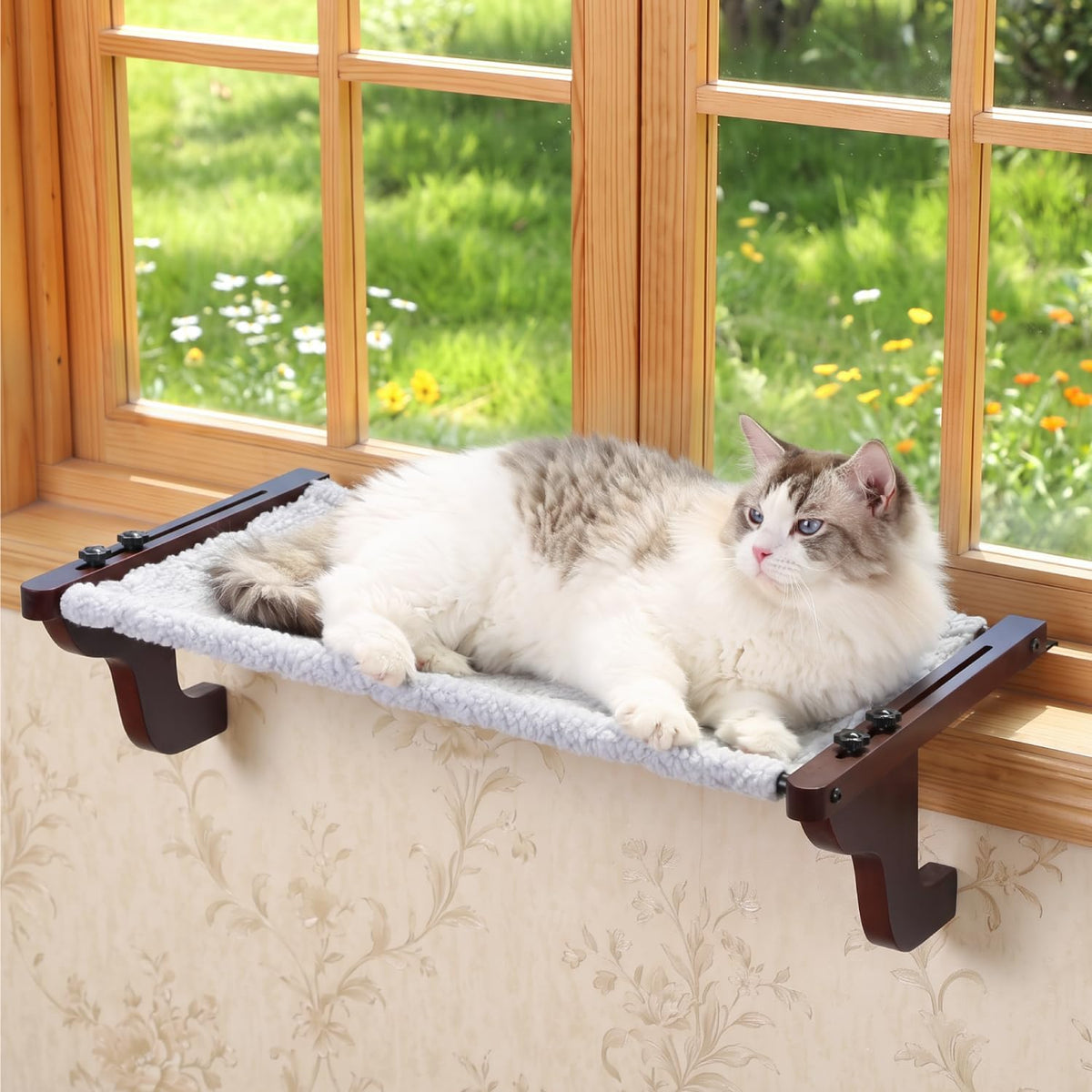 Zakkart Easy Seat Cat Perch for Windowsill (Dark Stained Wood/Gray, M)