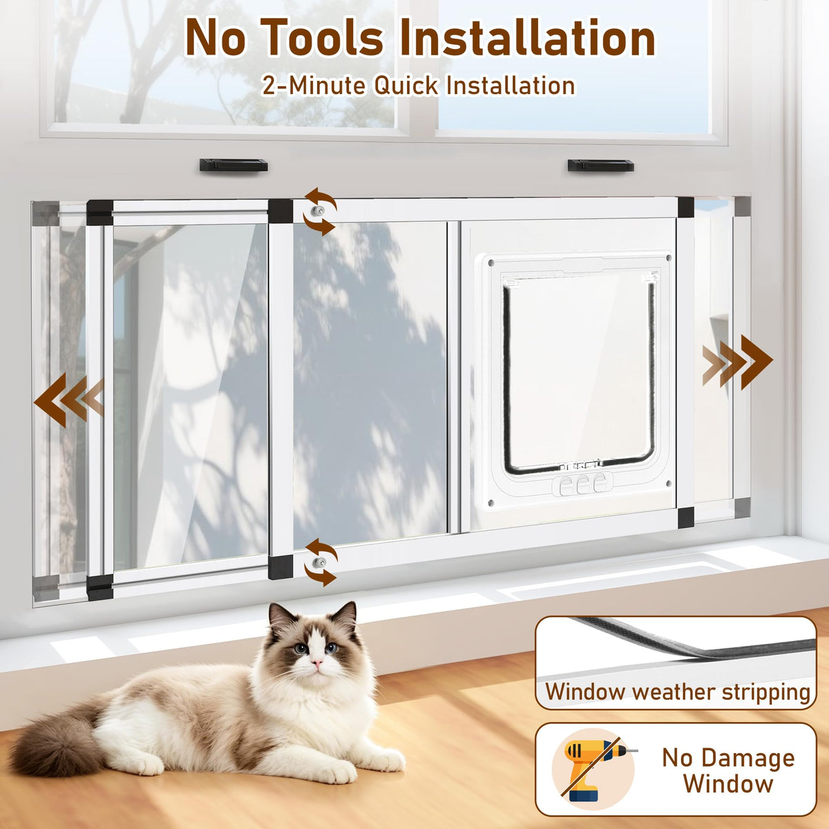 Full Glass Cat Door for Window,32"-37" Adjustable Width,1-Min Install | 4 Locking Modes,Aluminum Frame,HD Glass,Magnetic Closure,Weatherproof Sliding Pet Door Window Insert for Cats Catio