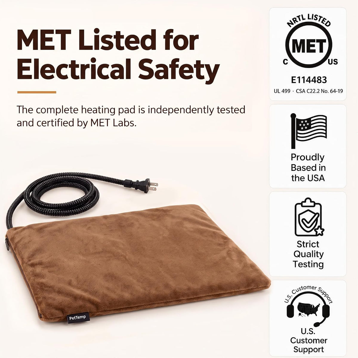 Cat Heating Pad, Heated Cat Bed, MET Safety Listed, Constant Warmth, Brown