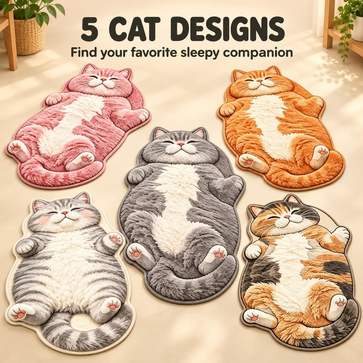 Sleeping Cat Rug, Plush Cat Shaped Floor Mat for Bedroom and Entryway
