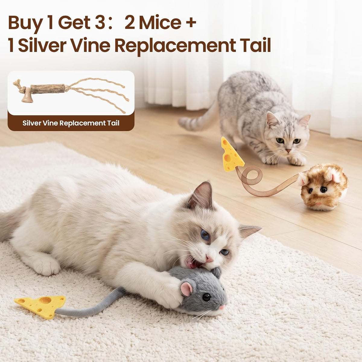 Migipaws Interactive MigiMouse Cat Toy Set, 360° Rolling Spinning Plush Mice, Rechargeable Cat Toys with Smart Motion Se
