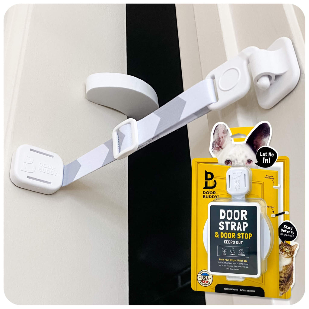 Door Buddy Cat Door Latch & Stopper. Adjustable Dog Proof Door Strap for Cats. Dog Proof Litter Box & Cat Feeder. Simpler Pet Gate Alternative. No Cut Cat Door Interior Door.