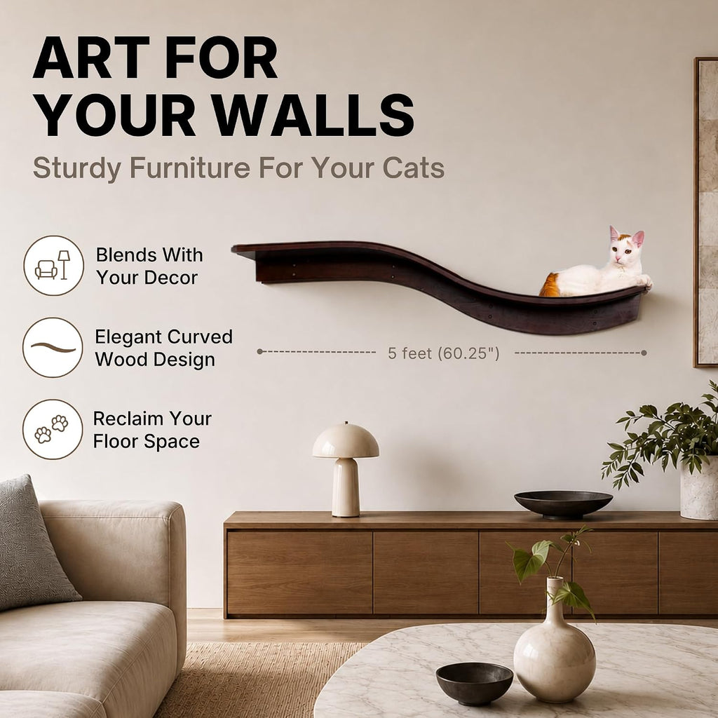 THE REFINED FELINE 60 Inch Lotus Branch Cat Shelf in Black Ebony with Replaceable Carpet, Playing, Climbing, & Lounging 