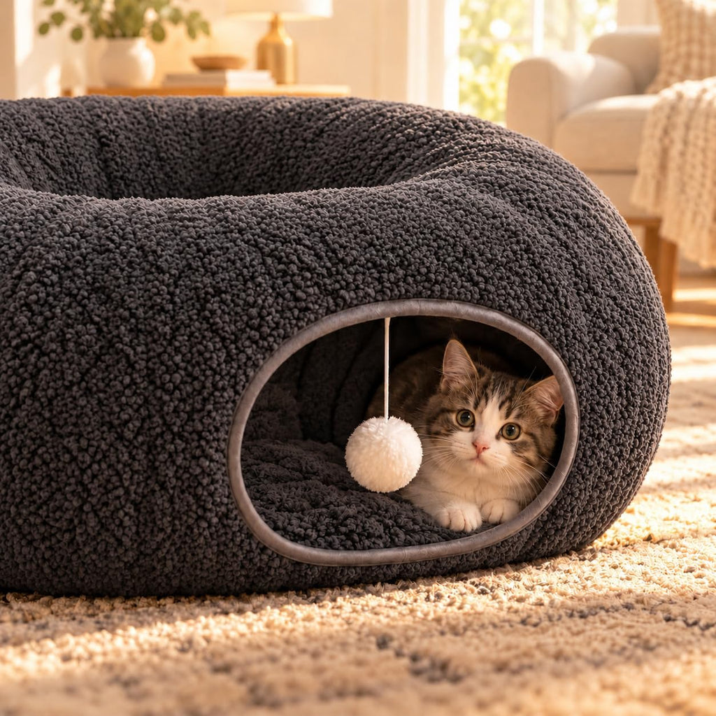 Cat Tunnel Bed with 2 Catnip Fish Toys, Interactive Cat Toys, Dark Grey