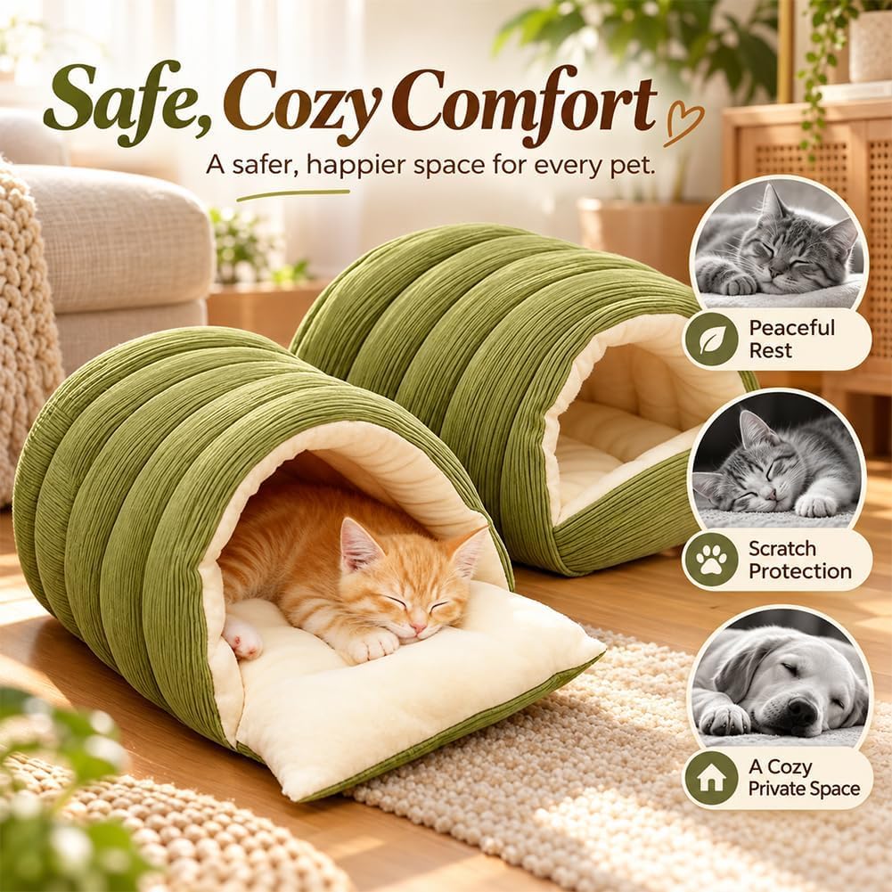 Upgrade Dog Cave Bed for Small Dogs and Cats, Covered Pet Bed with Plush Interior and Ribbed Exterior, Cozy Indoor Hidea