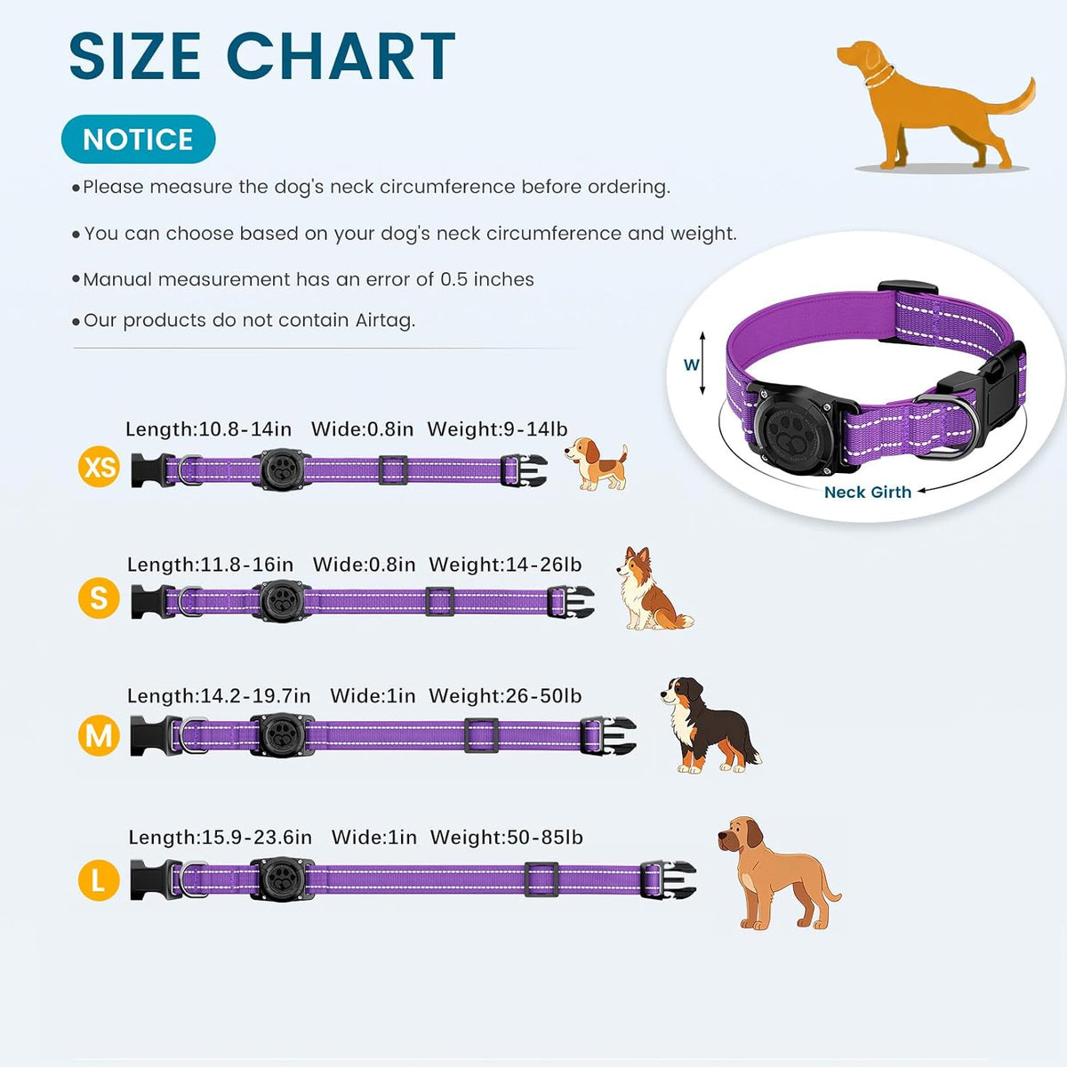 AUBELL Airtag Dog Collar and Bungee Leash Set for Medium Dogs(Purple,M)