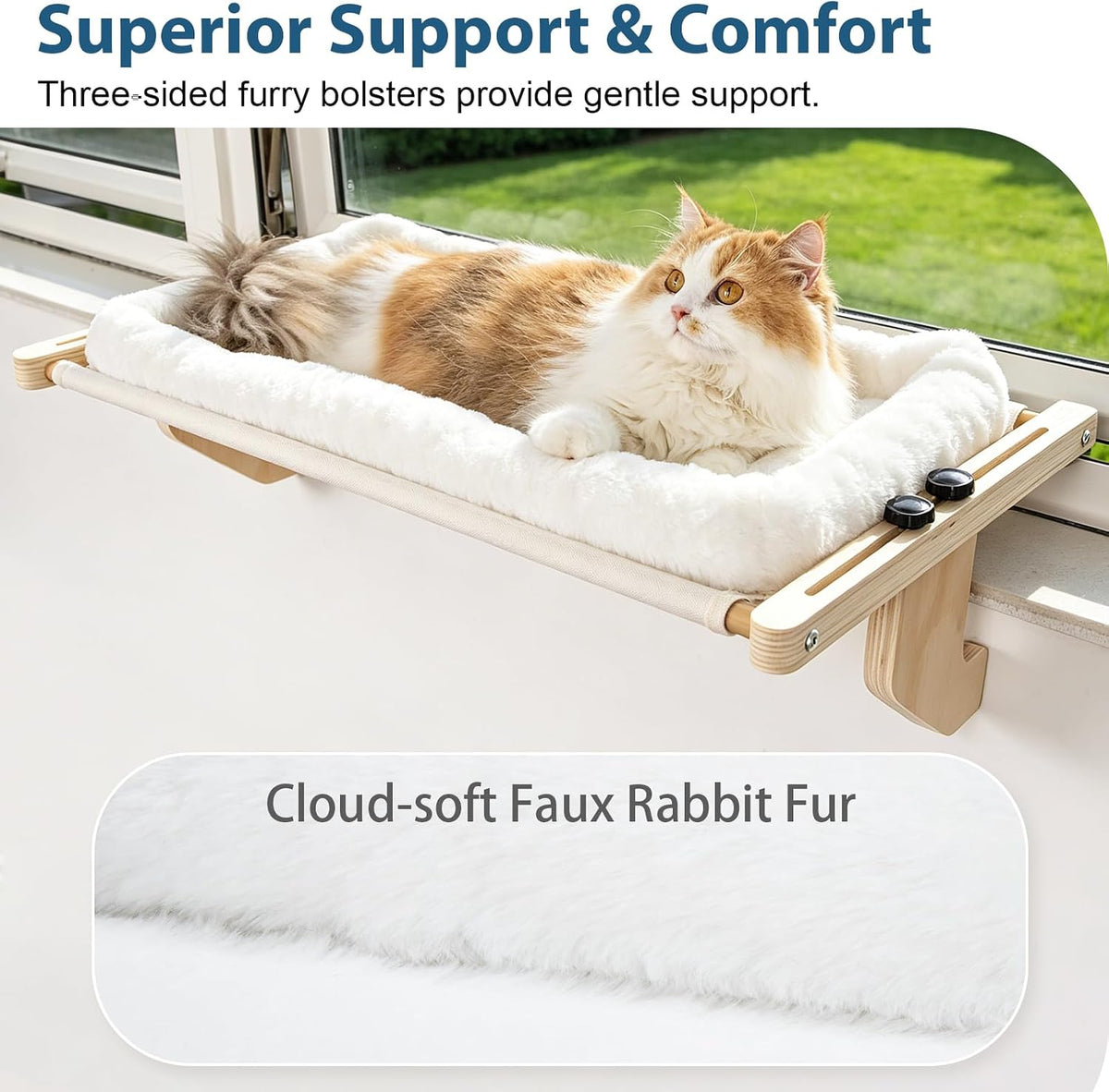 Cat Sill Window Perch - 100% Natural Pine Frame, Plush Fleece Cushion, Tool-Free Adjustment, Supports 55 lbs (Extra Larg