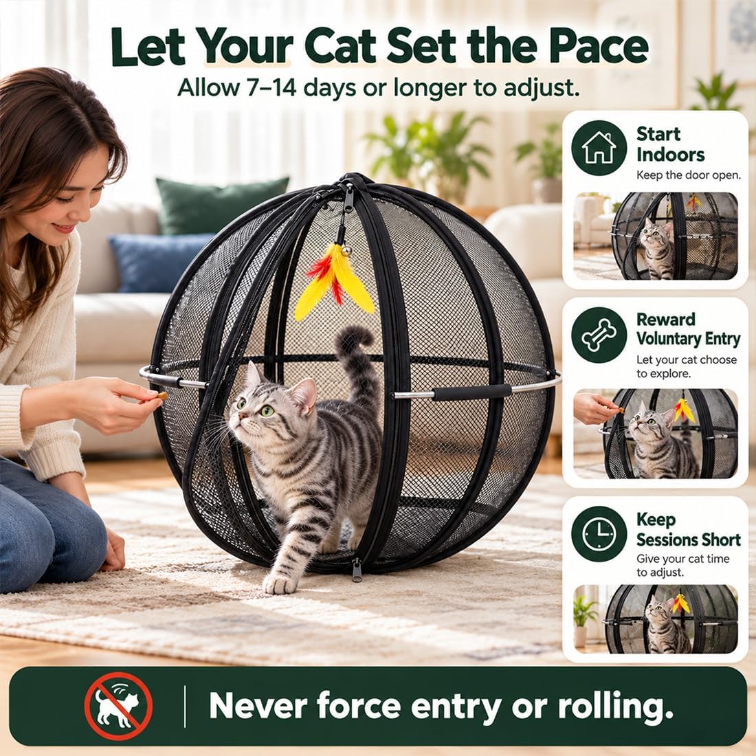 Rolling Cat Hamster Ball for Outside, Giant Mesh Cat Ball Cage Playpen，Blac