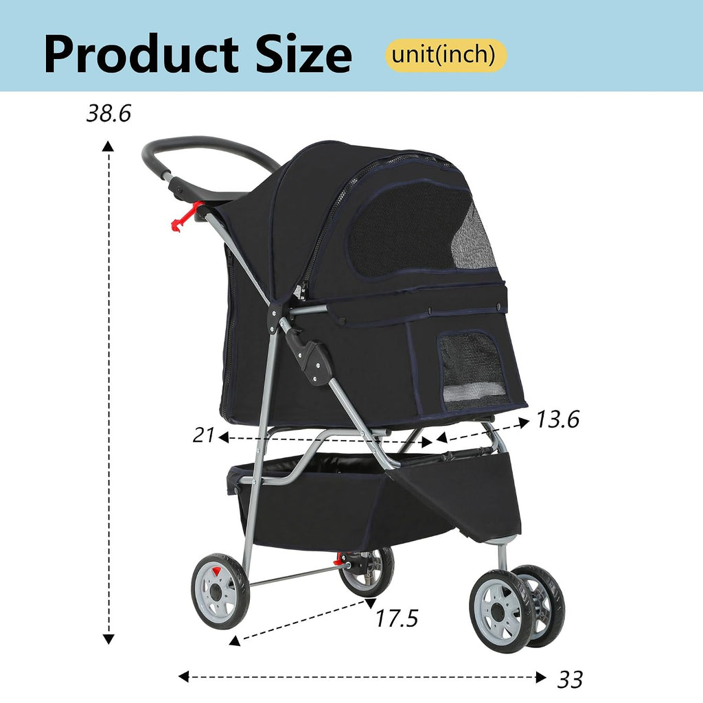 FDW Pet Stroller 3-Wheel Durable Foldable Cat Dog Stroller with Washable Liner Storage Basket Cup Holder,Dark Black