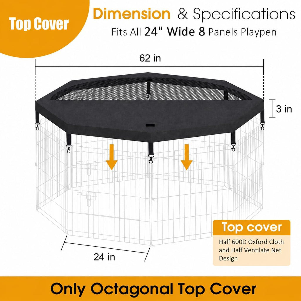 Dog Playpen Top Cover Only, for 8 Panel 24 Inch Wide Octagonal Mesh Black