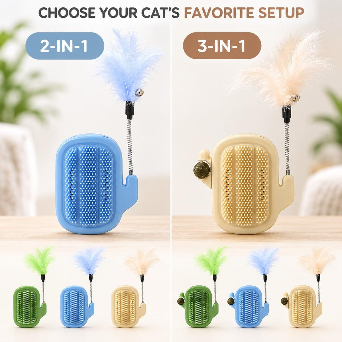 Cat 3/2-in-1 Cat Arch Self Groomer with Feather Wand，Blue