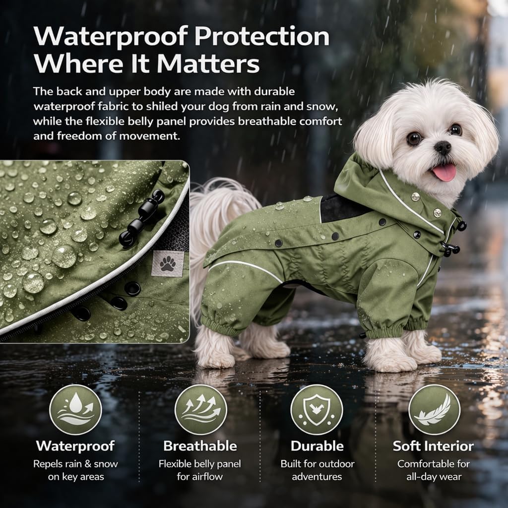 LOVELONGLONG Waterproof Dog Raincoat with Removable Hood – Outdoor Full Body Dog Jacket, Windproof Snowproof Shell Suit 