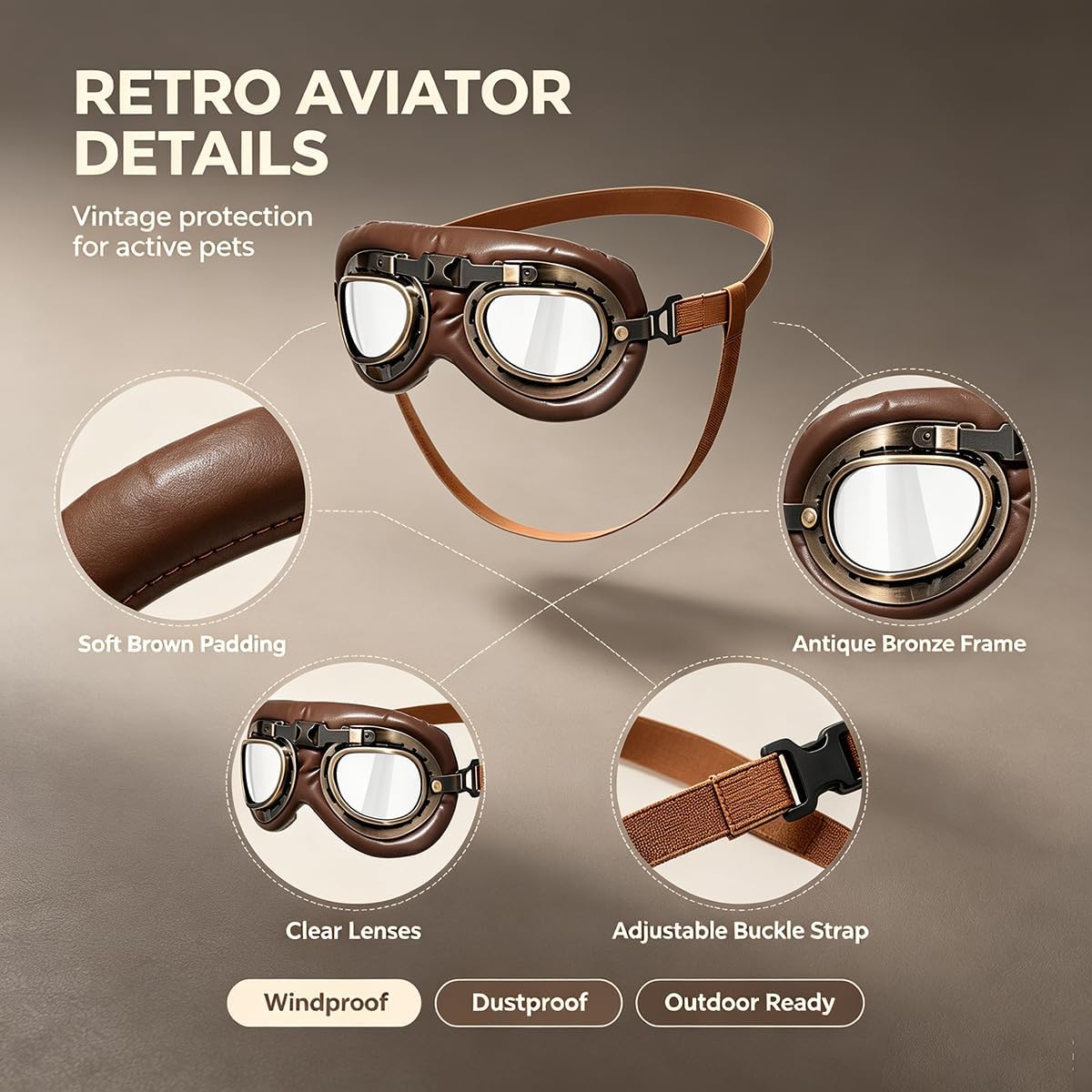 Vintage Dog Goggles with Adjustable Strap, Retro Pet Aviator Sunglasses