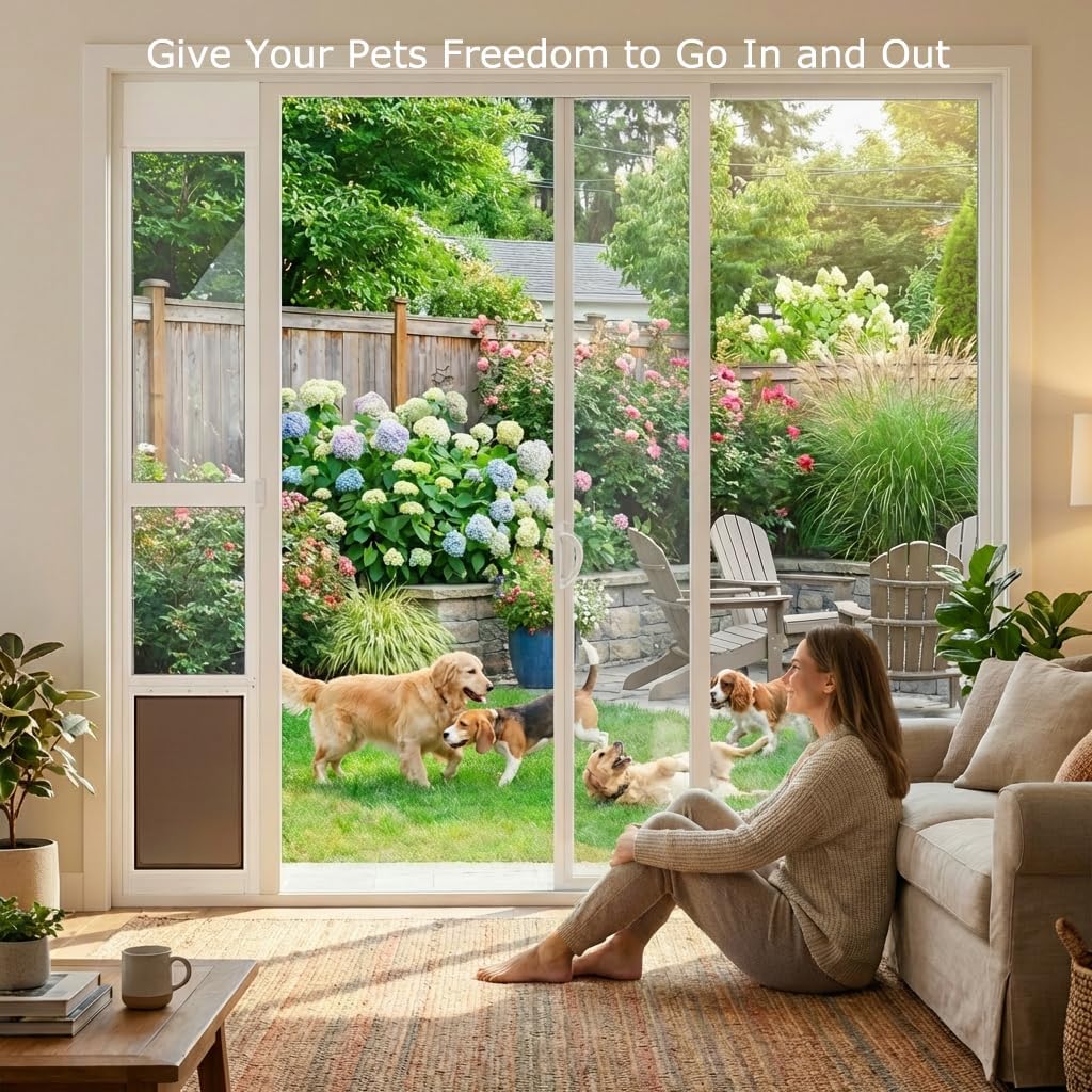 Dog Door for Sliding Glass Door, Adjustable Height 75 3/5" to 80", Aluminum Frame Sliding Door Dog Door Insert, Suitable