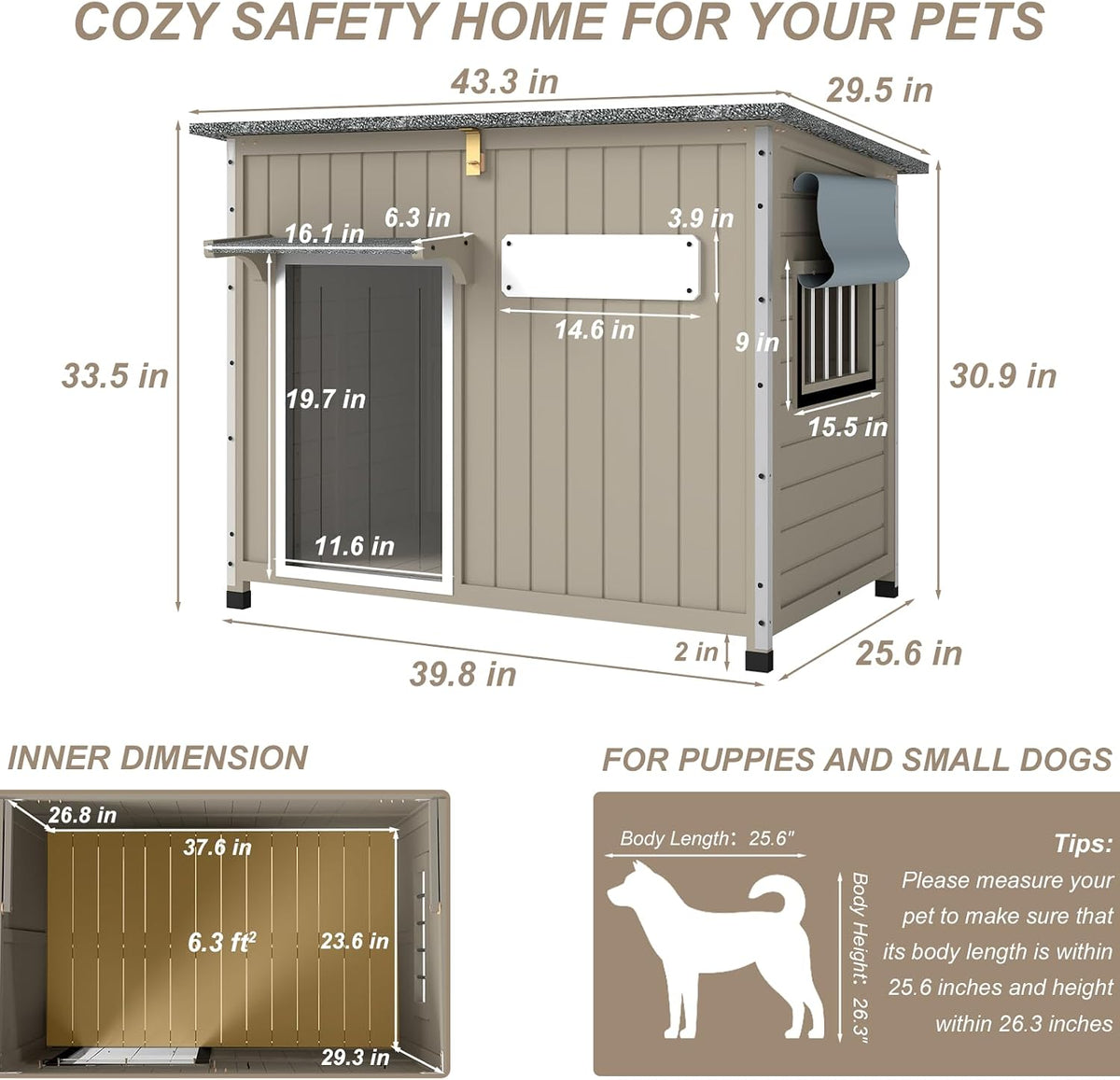 43" L Wooden Dog House Outdoor for Small & Medium Dogs Kennel
