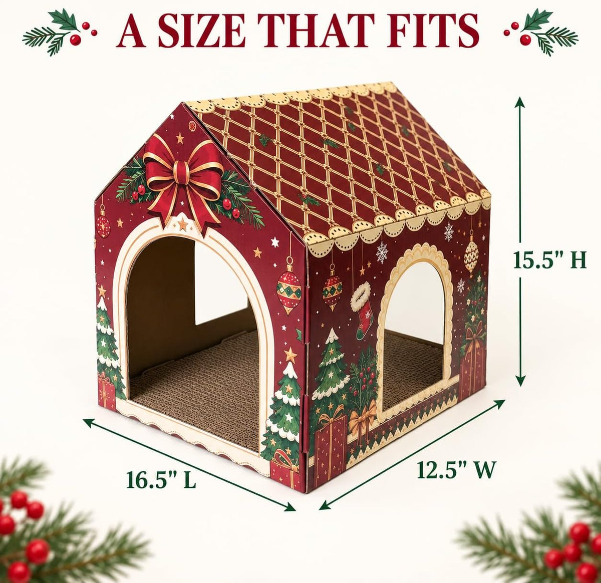 Christmas Cardboard Cat House: 2 Entrances, 2 Windows, Reversible Scratcher