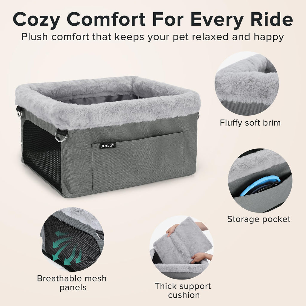 JOEJOY Deluxe Dog Booster Seat with Sturdy Metal Frame and Safety Leash for Small Pets up to 20 lbs - Portable Puppy Dog Car Seat with Thick Cushion and Storage Pockets for Small Dogs, Grey