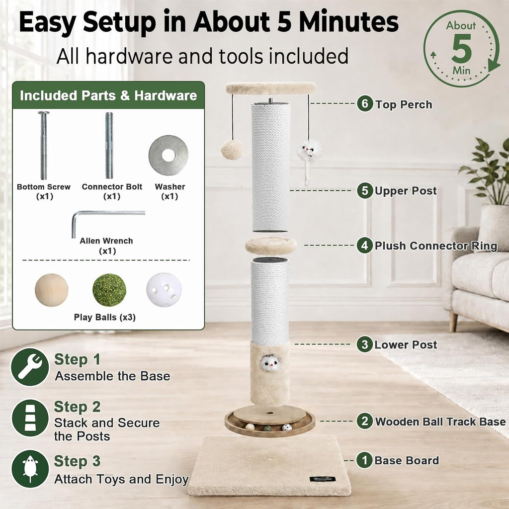 35-Inch Tall Cat Scratching Post, Stable Base for Large Cats, Beige