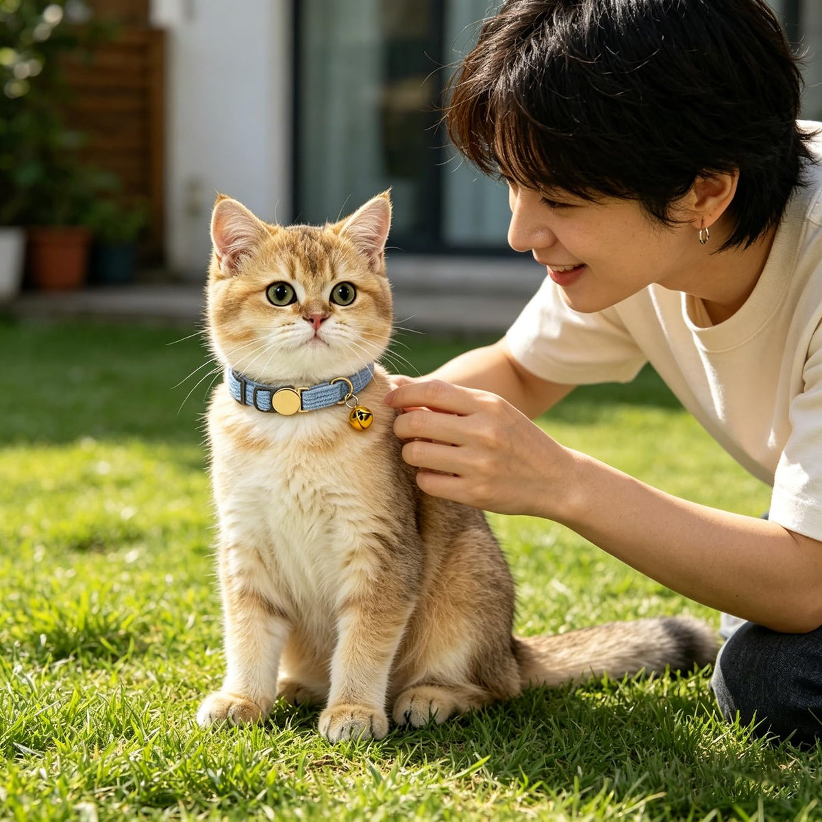 WDPAWS Soft Corduroy Cat Collar for Small to Large Cats, Adjustable 7-11 Inch, Gold Buckle & Bell (Light Blue)
