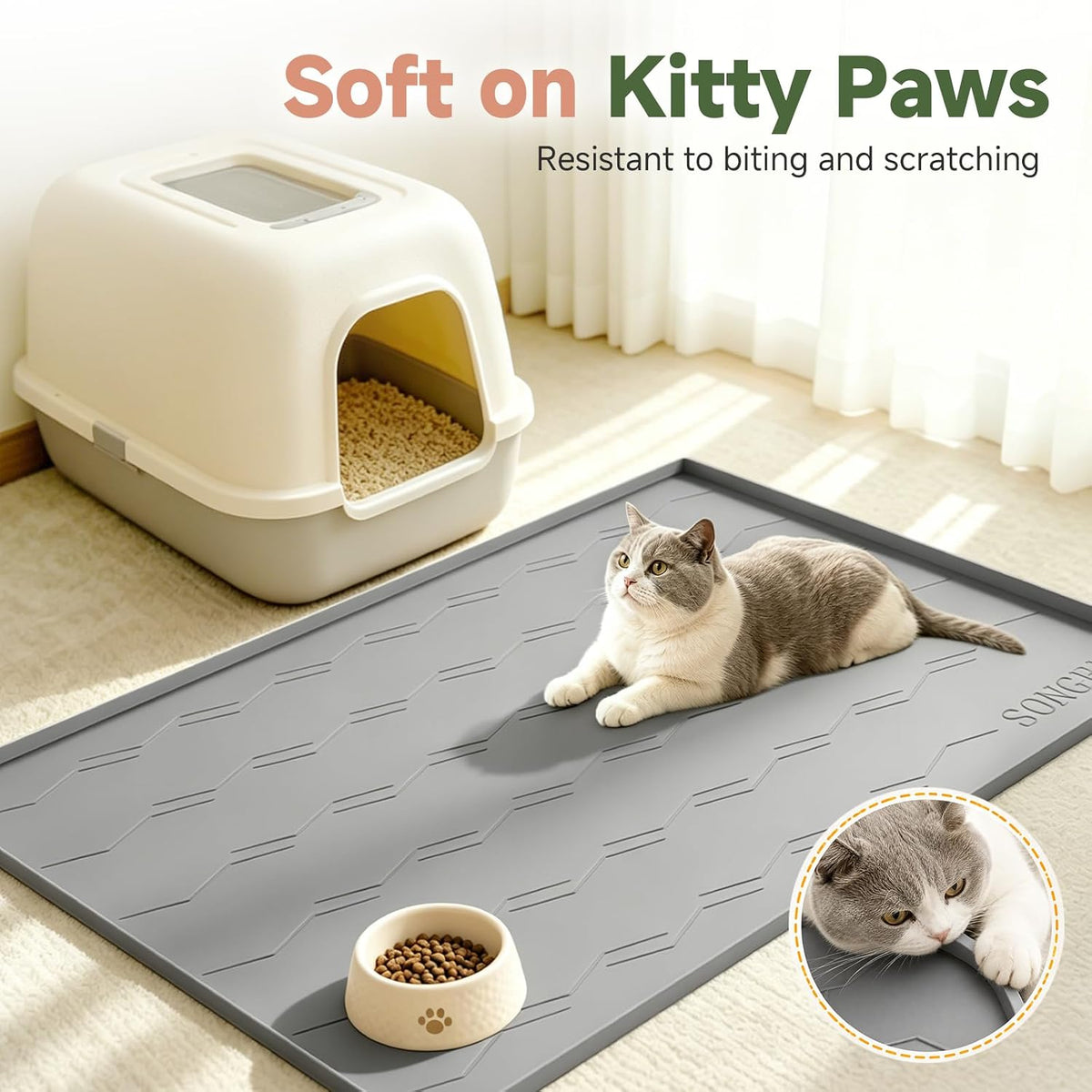 Songrey Silicone Cat Litter Mat 33.5" x 22", Litter Trapping Mat, Gray