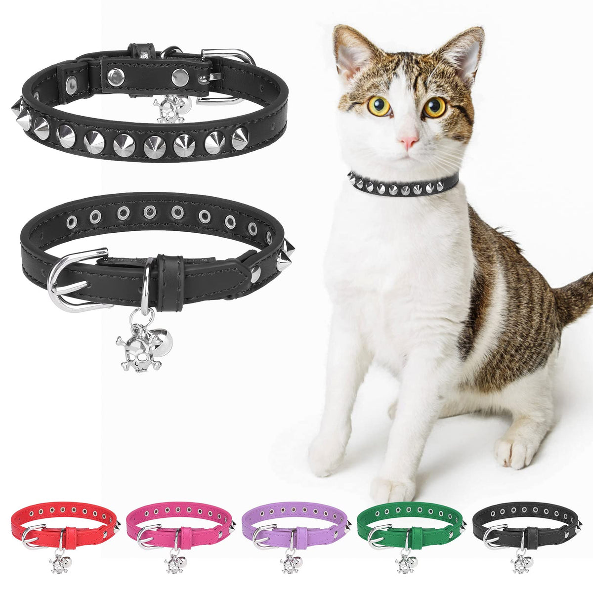 DILLYBUD Leather Cat Collar, Breakaway Kitten Collars with Bell, Black