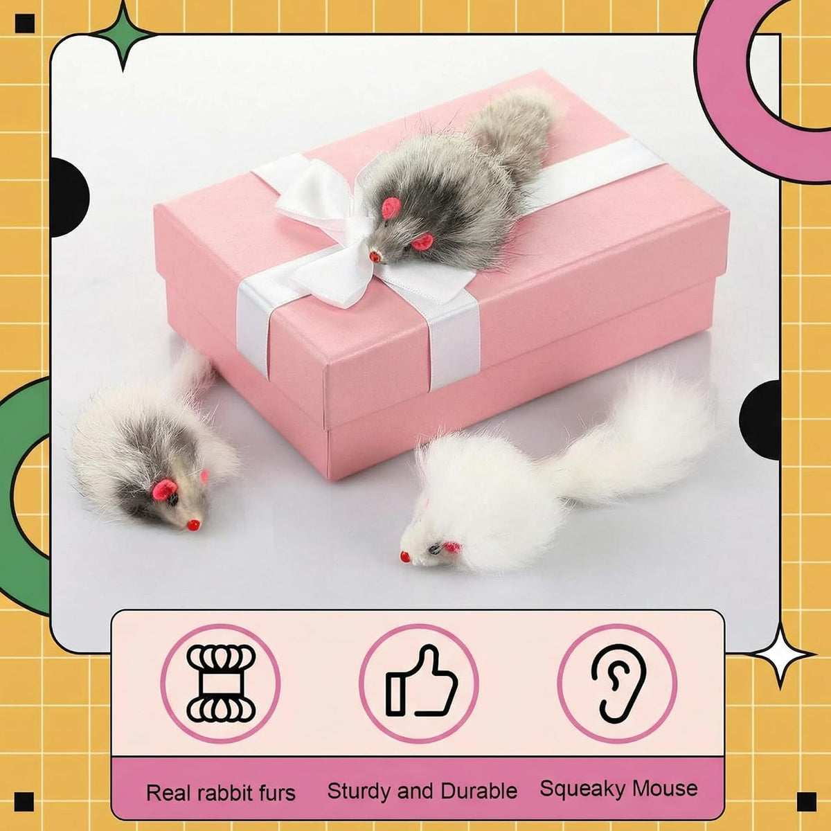 Hungdao 12 Pcs Fur Mice Cat Toys with Rattle Sound, White, Black, Gray