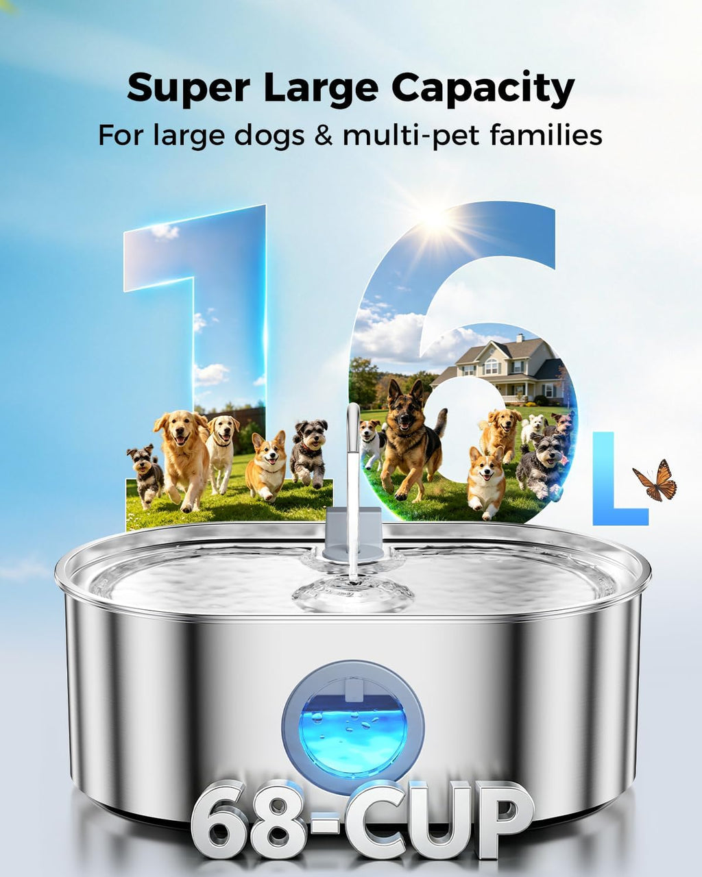 4.2Gal Extra Large Dog Water Fountain, Stainless Steel Pet Water Fountain