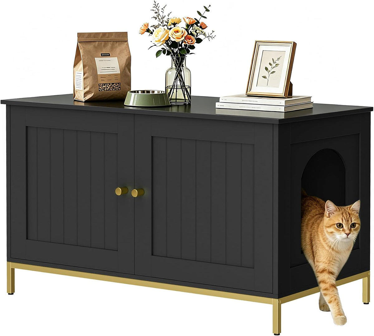 28.3" L Cat Litter Box Enclosure with Metal Frame, Green and Gold