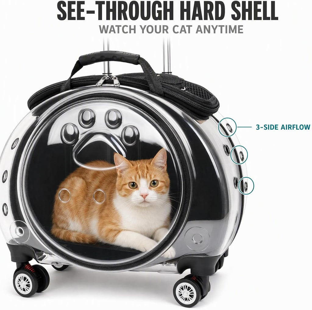 Cat Carrier with Wheels for Small Cats & Dogs, Rolling Pet Carrier, Black