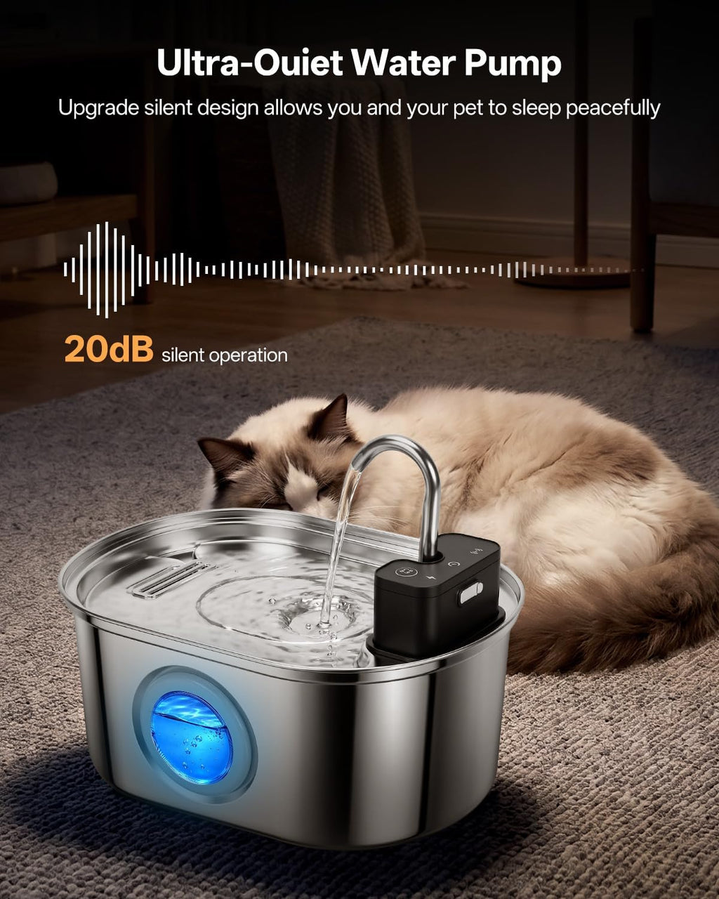 Wireless-Stainless Steel Cat Water Fountain-108oz/3.2L Pet Fountain Rechargeable & Cordless Design, Ultra-Quiet Pump-Eas