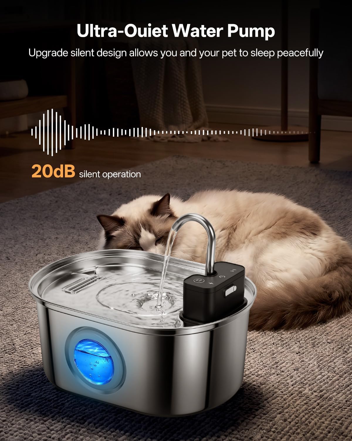 Wireless-Stainless Steel Cat Water Fountain-108oz/3.2L Pet Fountain Rechargeable & Cordless Design, Ultra-Quiet Pump-Eas