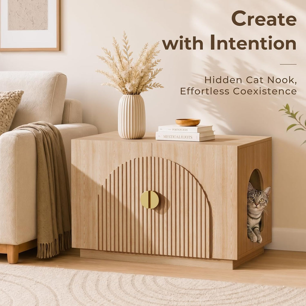 Amunrbrek Cat Litter Box Enclosure Furniture, 31.5" Arched Fluted Cabinet
