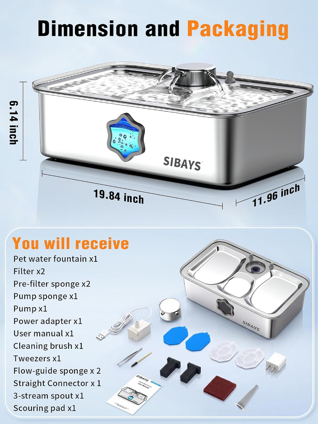 SIBAYS 4.5Gal Dog Water Fountain, Stainless Steel Pet Water Fountain FS86