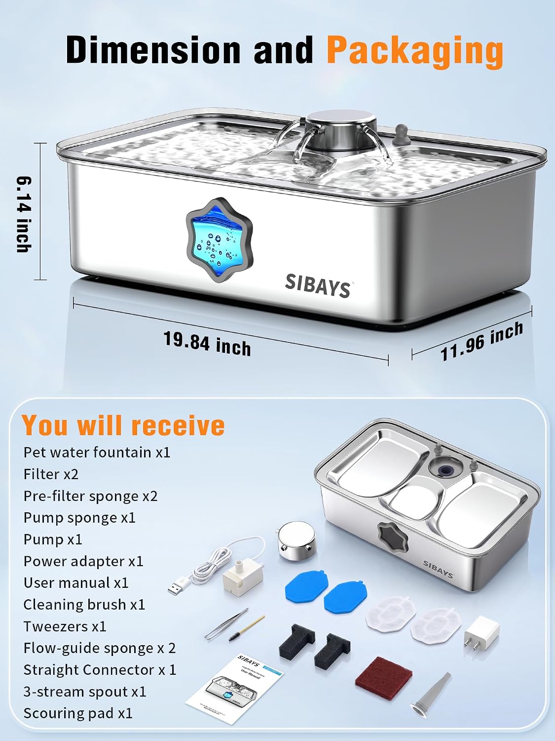 SIBAYS 4.5Gal Dog Water Fountain, Stainless Steel Pet Water Fountain FS86