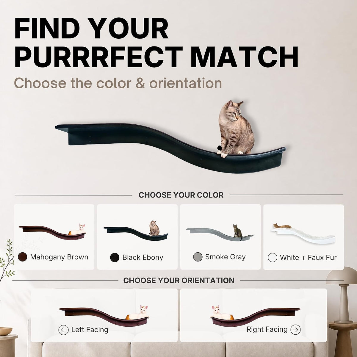 THE REFINED FELINE 60 Inch Lotus Branch Cat Shelf in Black Ebony with Replaceable Carpet, Playing, Climbing, & Lounging 