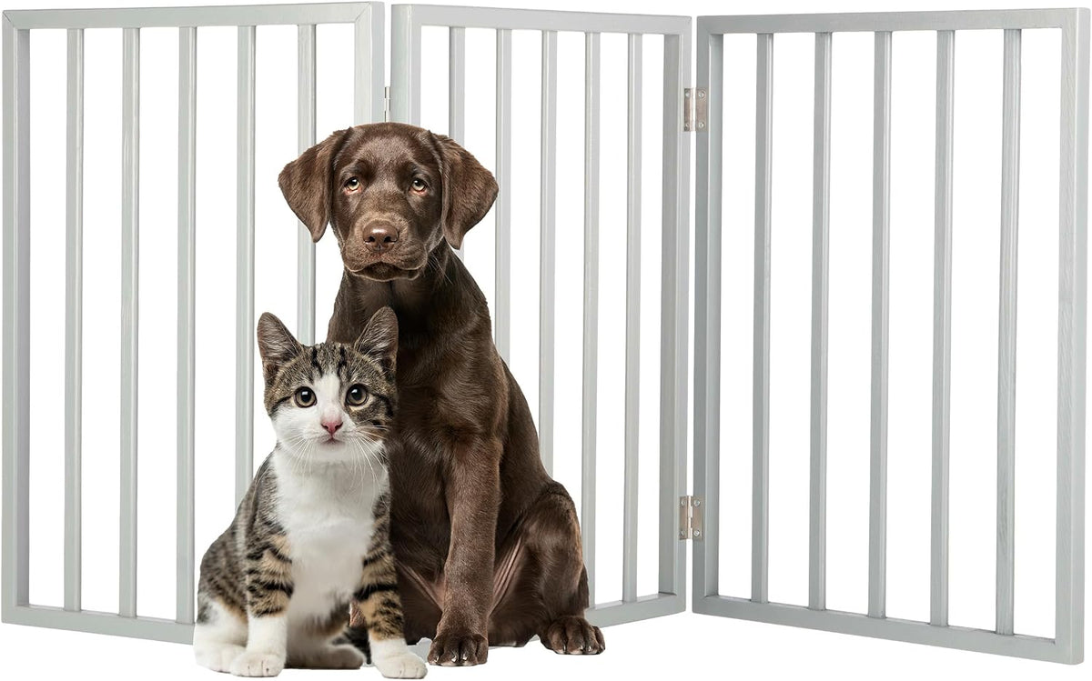 Pet Gate - 3-Panel Indoor Foldable Dog Fence for Stairs, Hallways, or Doorways - 54x24-Inch Wood Freestanding Dog Gates 