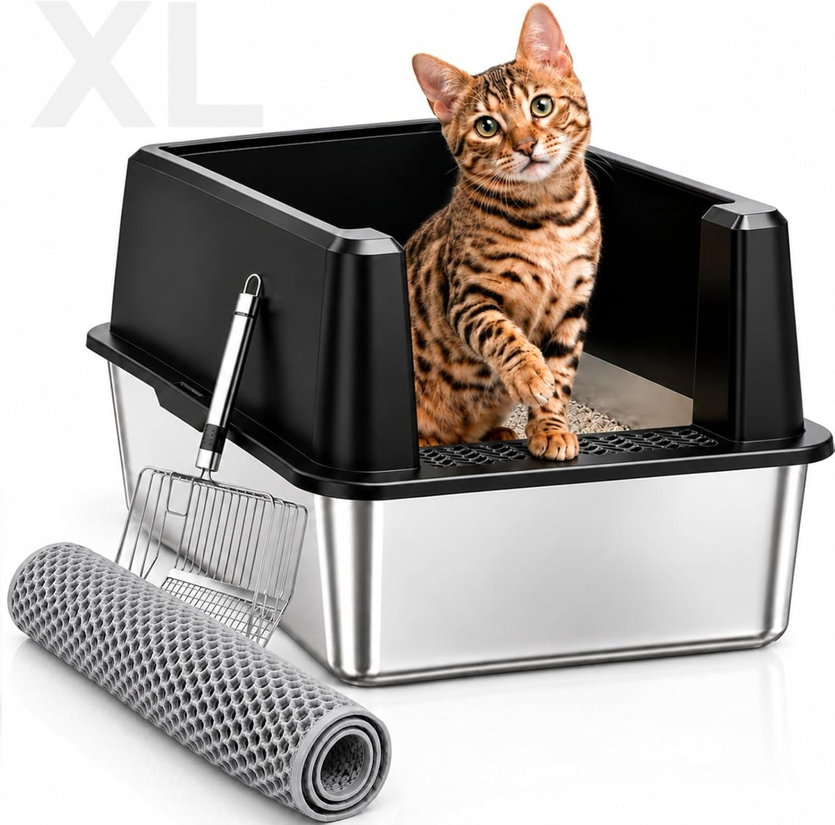 Stainless Steel Cat Litter Box, XL High Sided Open Top Litter Pan, 1 Scoop