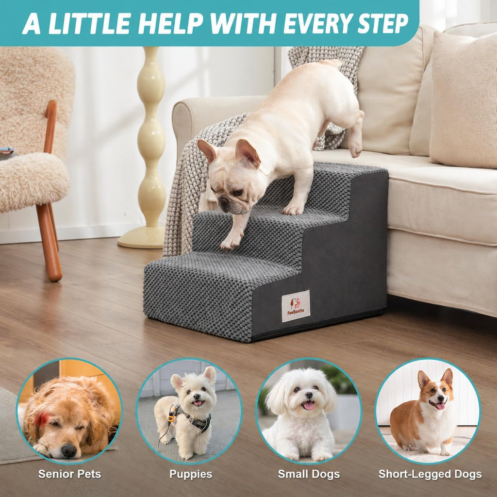 3-Step Dog Stairs, Square Foam Pet Steps for Bed and Couch, Grey