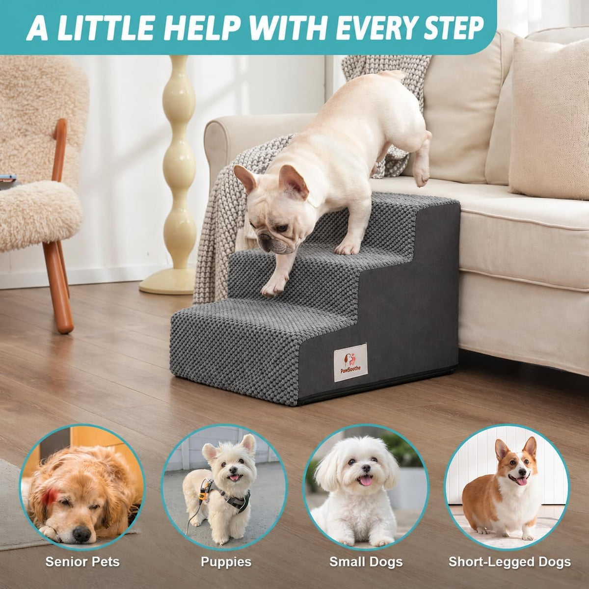 3-Step Dog Stairs, Square Foam Pet Steps for Bed and Couch, Grey