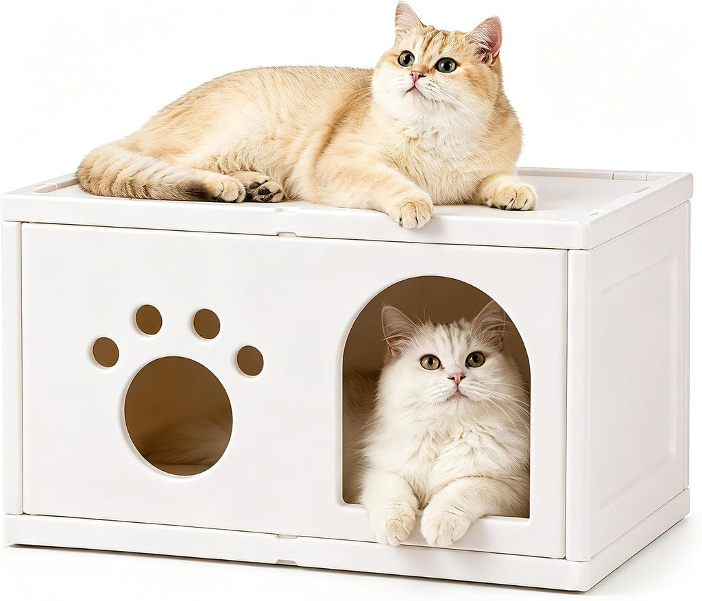 2-Storey Cat House Tower, Waterproof HDPE Plastic Cat Condo with External Jumping Platform & Dual Hideaway Caves, Easy t