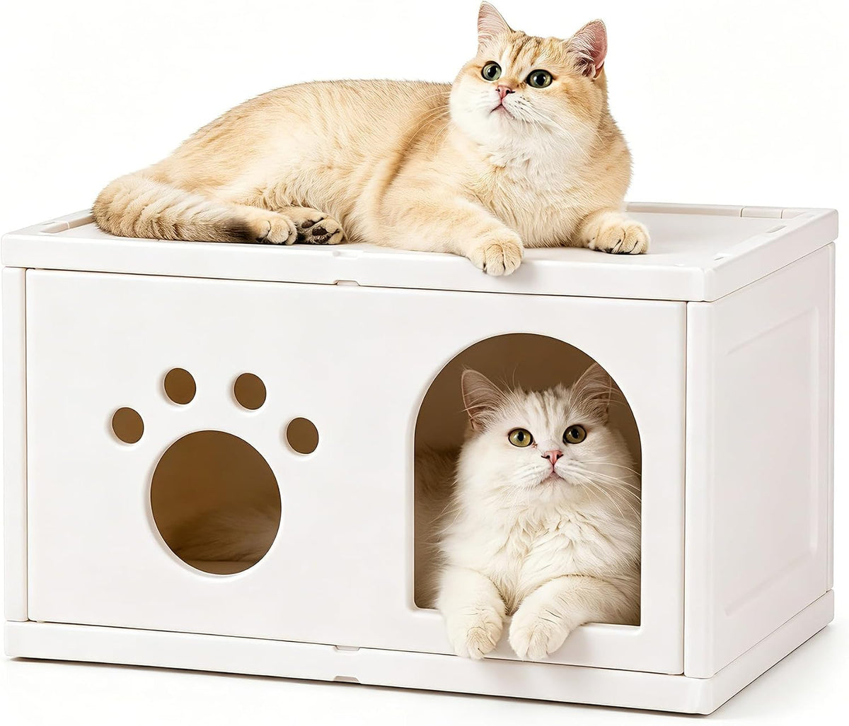 2-Storey Cat House Tower, Waterproof HDPE Plastic Cat Condo with External Jumping Platform & Dual Hideaway Caves, Easy t