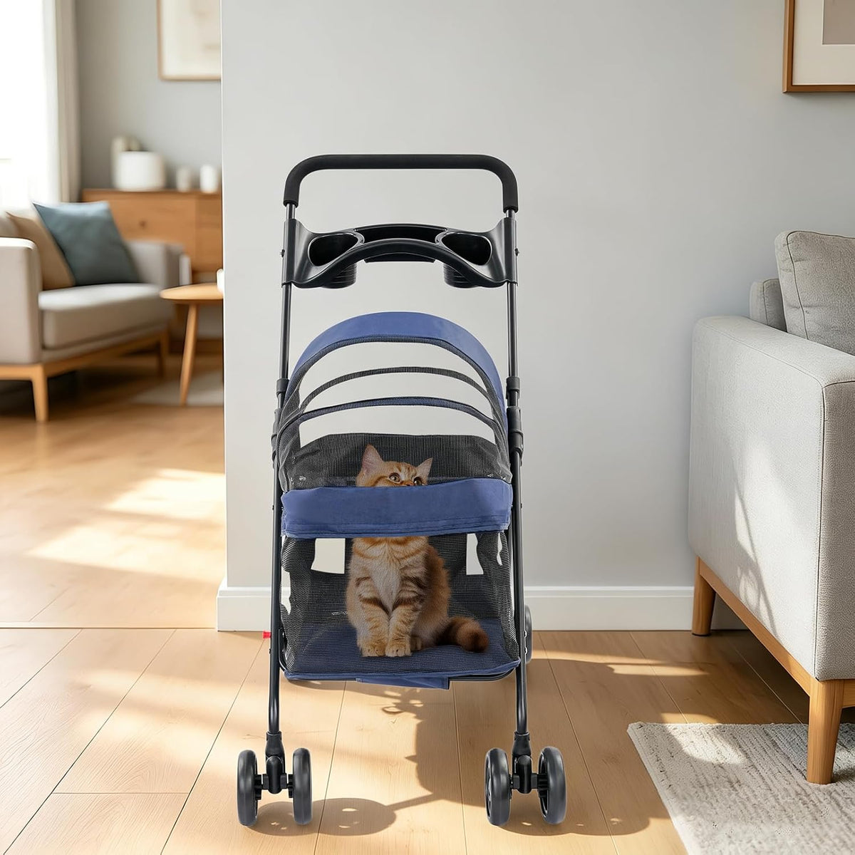 Foldable Pet Cart, Lightweight Travel Pet Stroller with 360°Wheels(Blue)