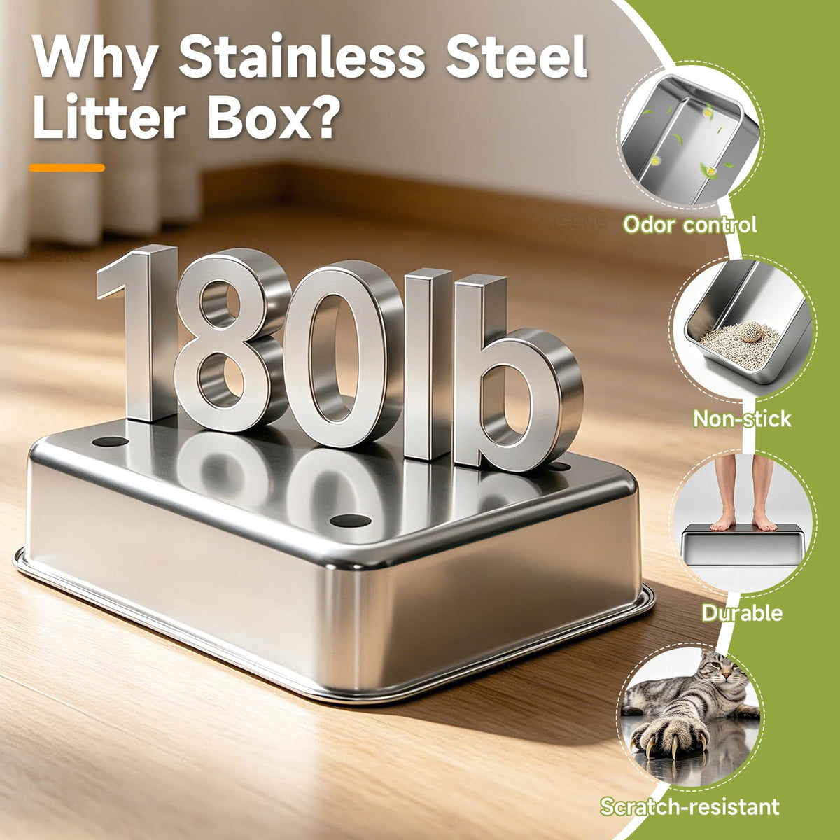 KISENG Stainless Steel Cat Litter Box, XL High Sides Litter Box, Light Grey