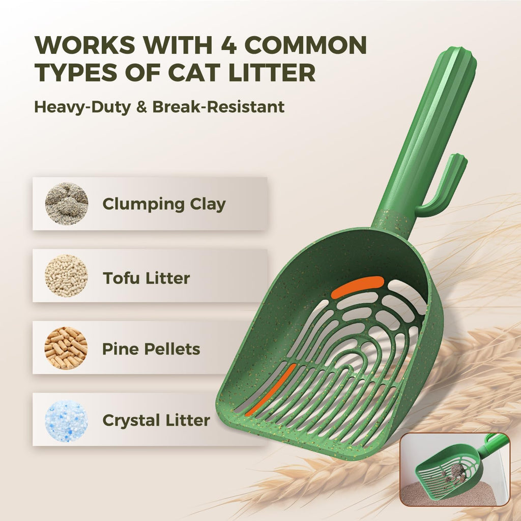 Cactus Cat Litter Scoop with Holder, 3 Replaceable Shovels, Green