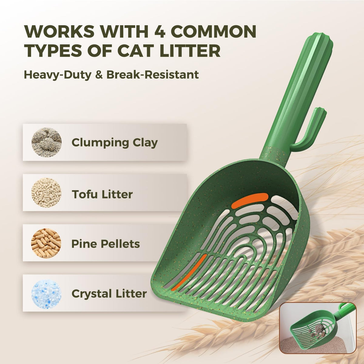 Cactus Cat Litter Scoop with Holder, 3 Replaceable Shovels, Green