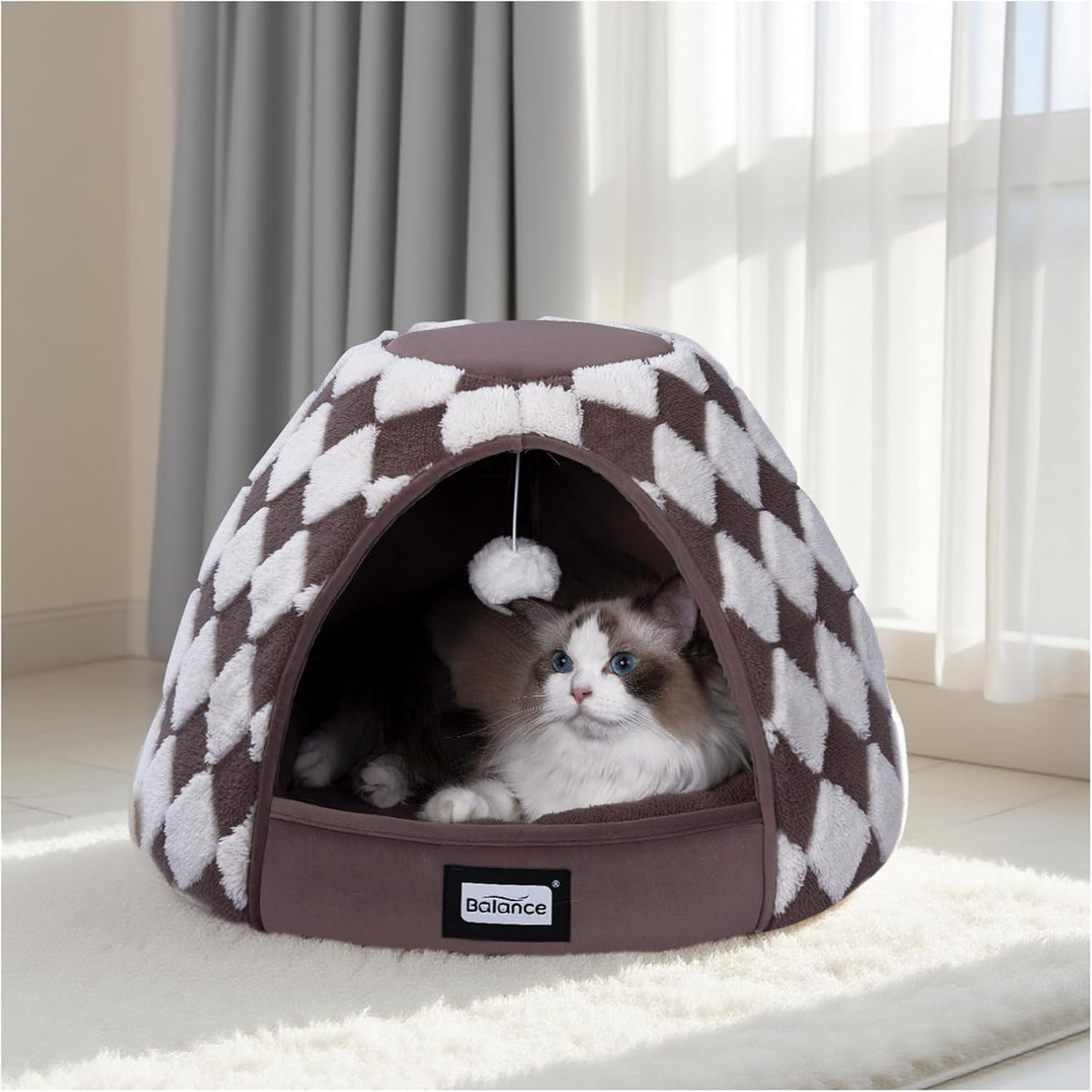 BALANCE Cat Beds for Indoor Cats, 2-in-1 Cat Bed Cave with Anti-Slip Bottom and Ultra-Soft Plush, Cozy Cats House Tent f
